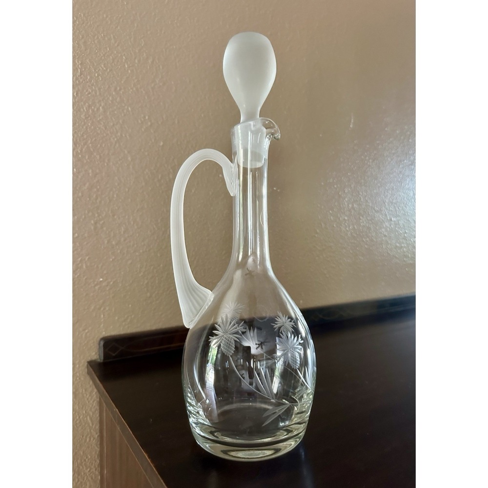 Vintage Etched Crystal Decanter with Frosted Handle, Romanian Barware